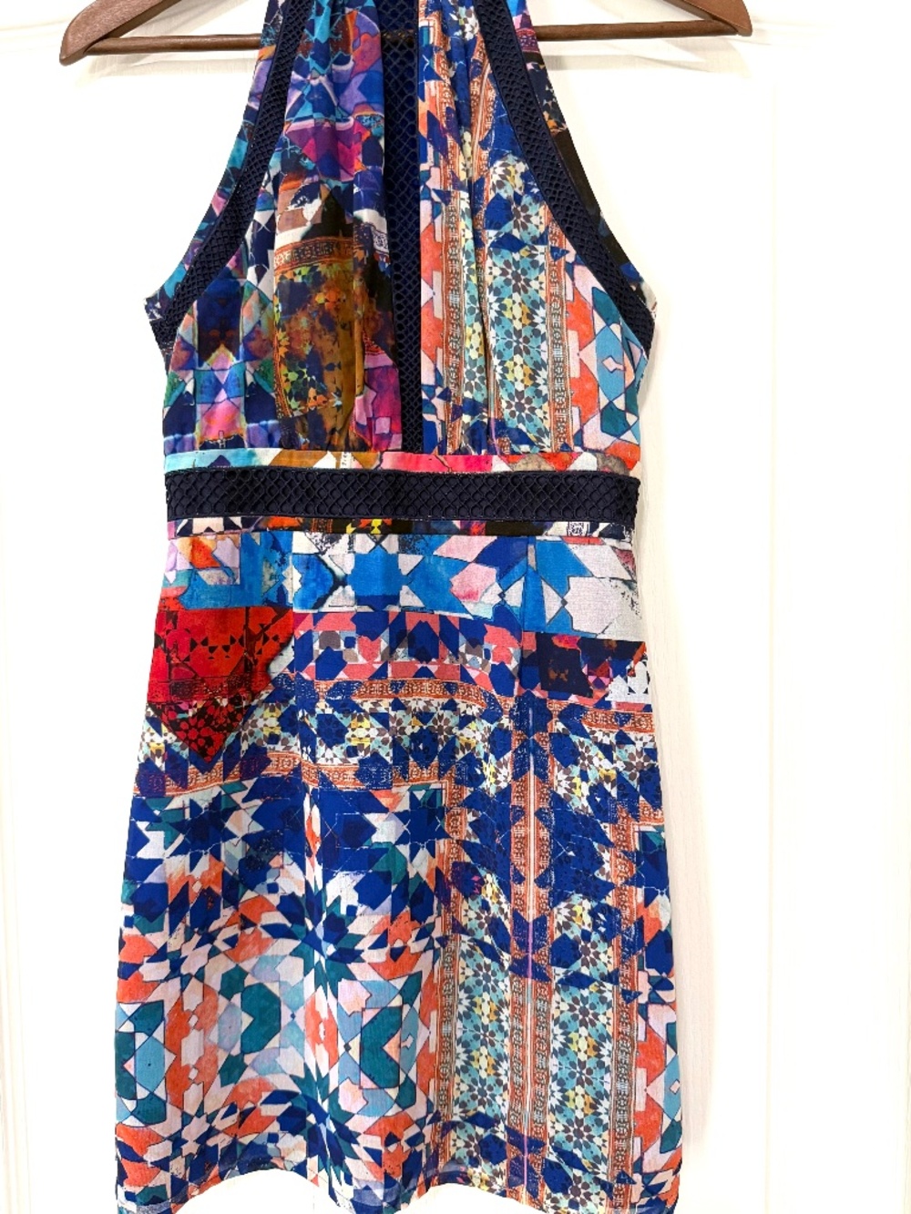 Marciano Kaleidoscope Cutout Halter Patchwork Mini Dress Lace Trim Blue Size 2